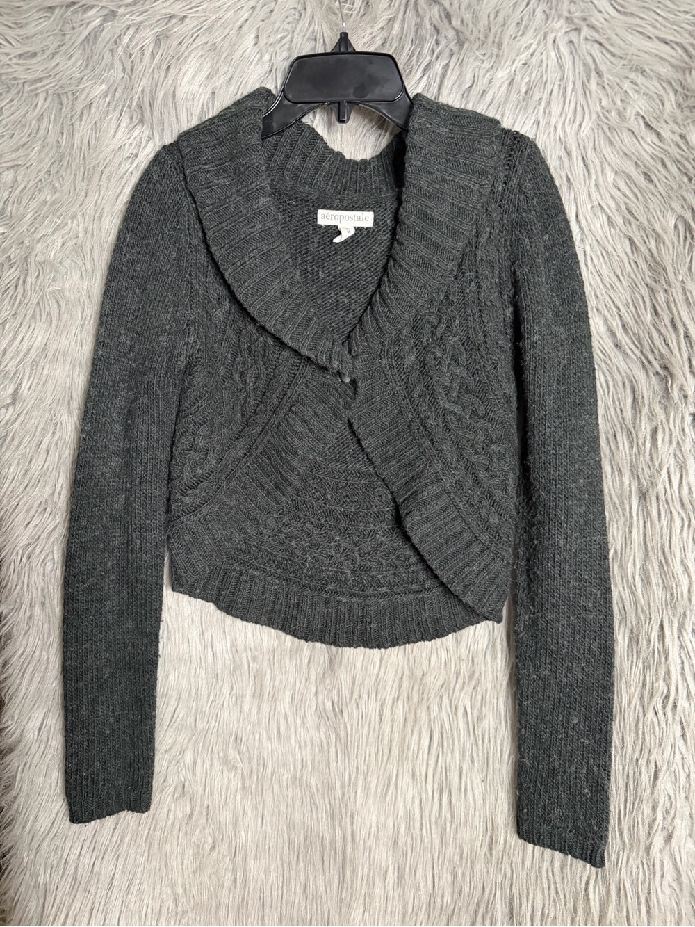 Aeropostale Dark Charcoal Gray Shawl Collar Cable Knit Cropped Cardigan